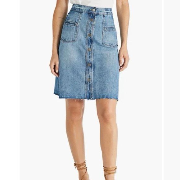 Etica Sophia Distressed Raw Hem Blue Denim Skirt Short Snap Front Women’s S - Picture 9 of 13